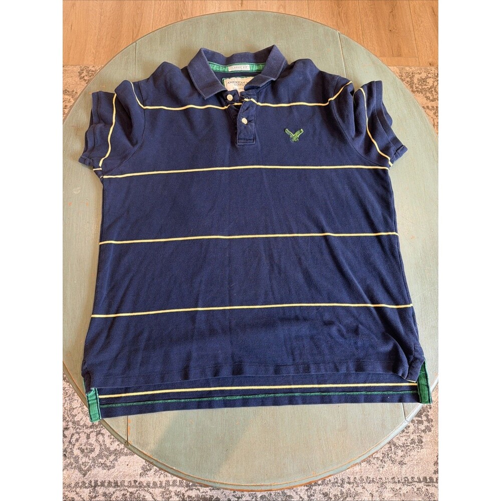 Y2K American Eagle Striped Polo Shirt Mens XL Classic Fit Distressed